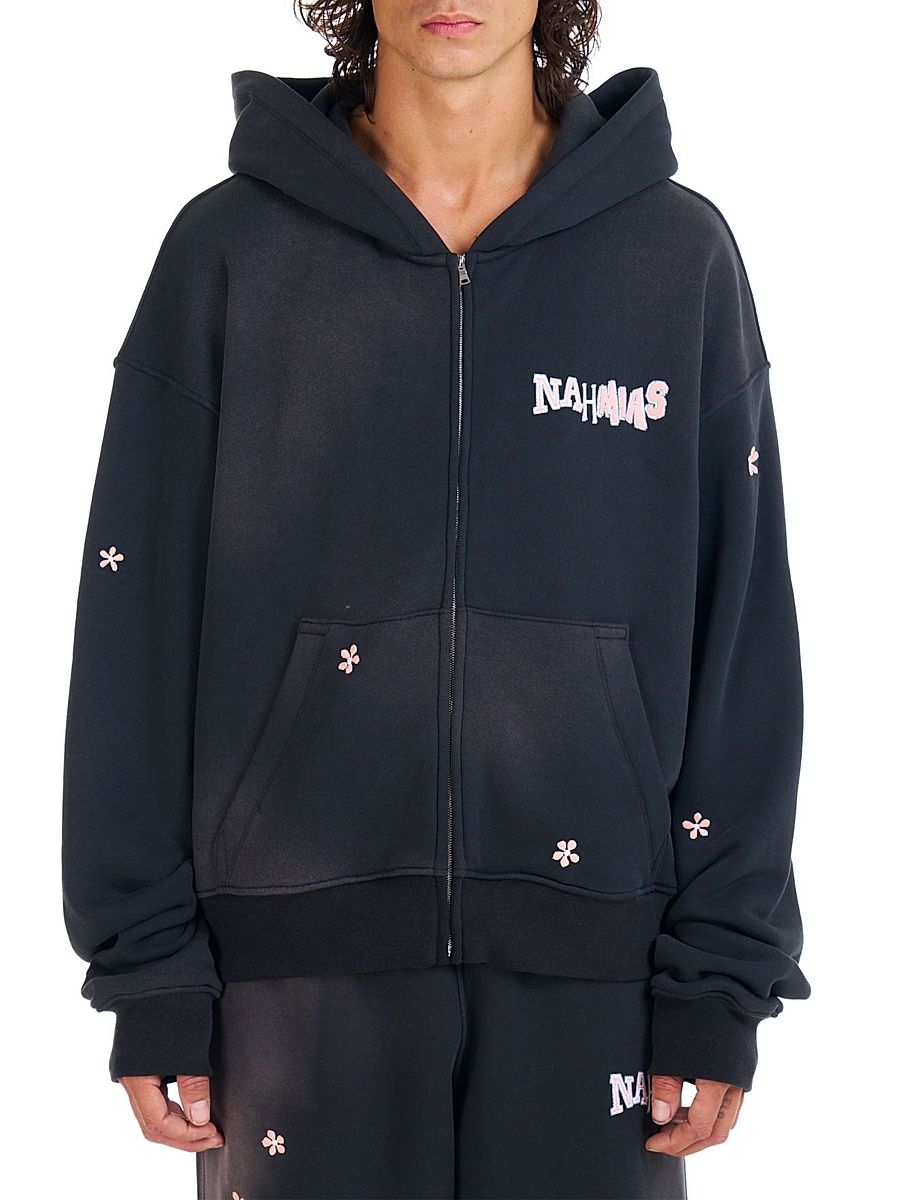 Men's Flower Groms Zip-Up Hoodie - Aged Black Fleece - Size Small