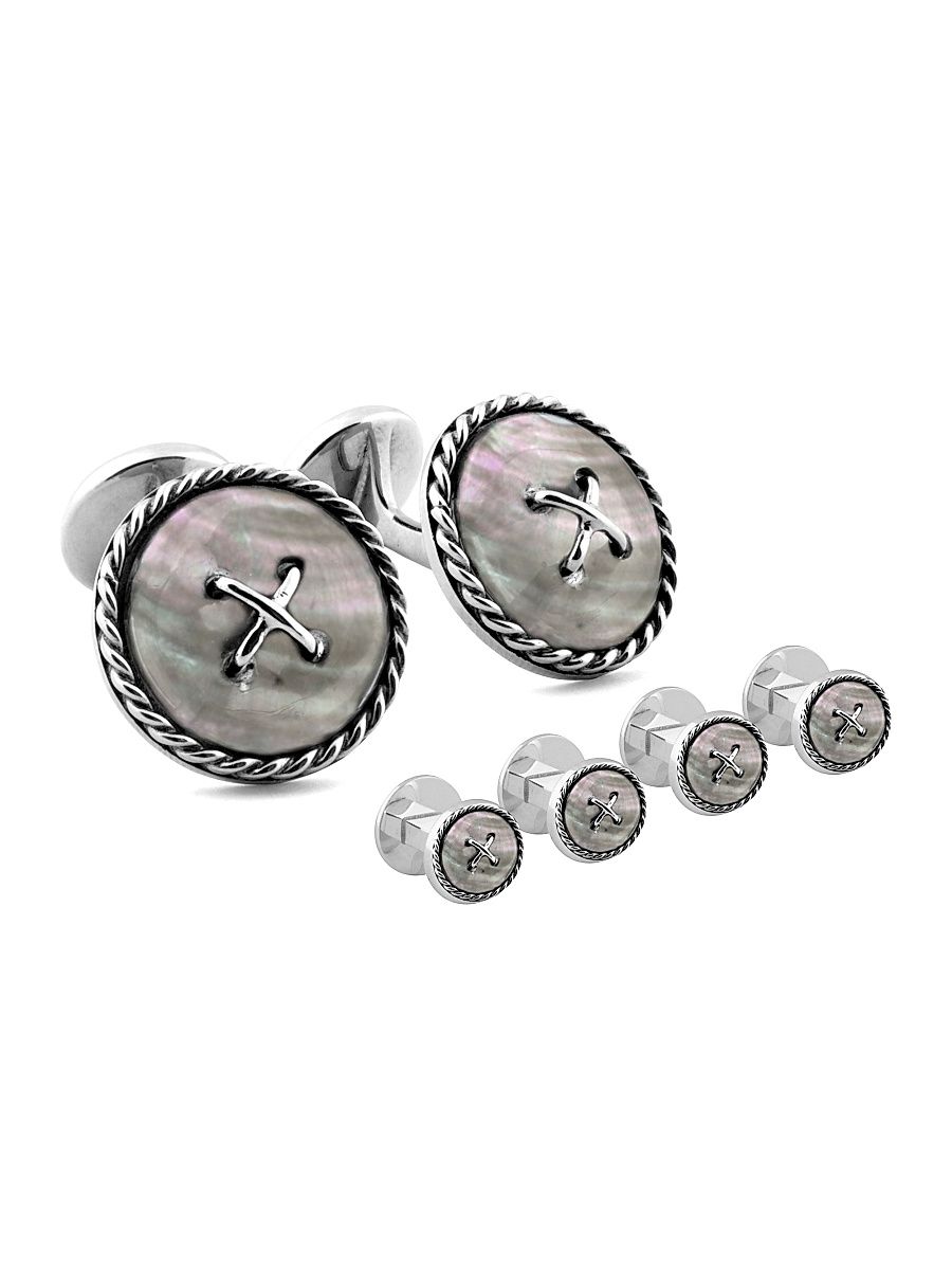Men's Cable Button Double Ended Stud & Cufflink Set - White Mother Of Pearl