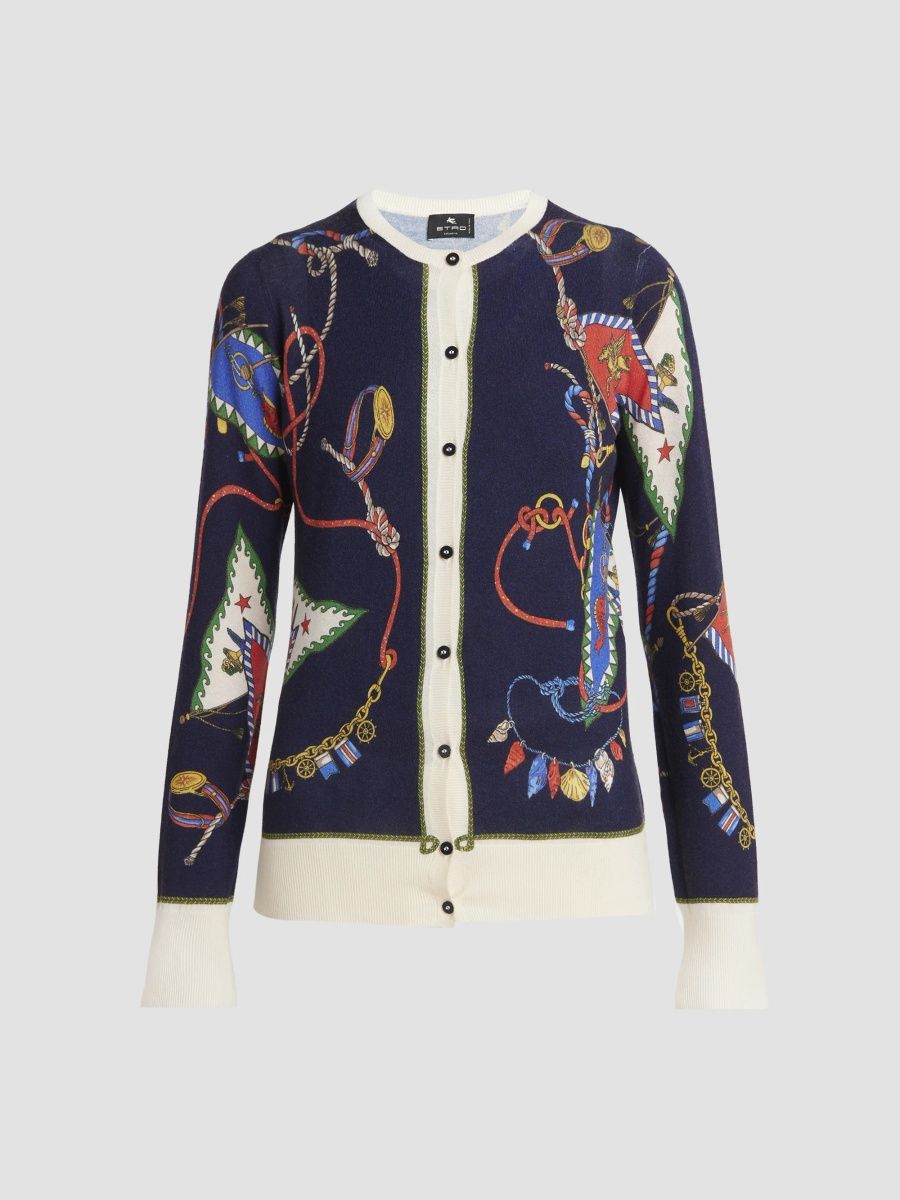 Etro Women's Status Printed Silk-Cashmere Cardigan - Print Blue Base - Size 12