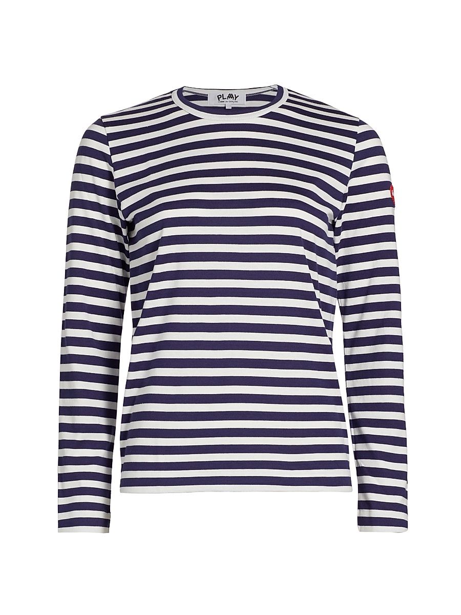 Women's Long-Sleeve Striped Cotton T-Shirt - Blue White Stripes - Size XS