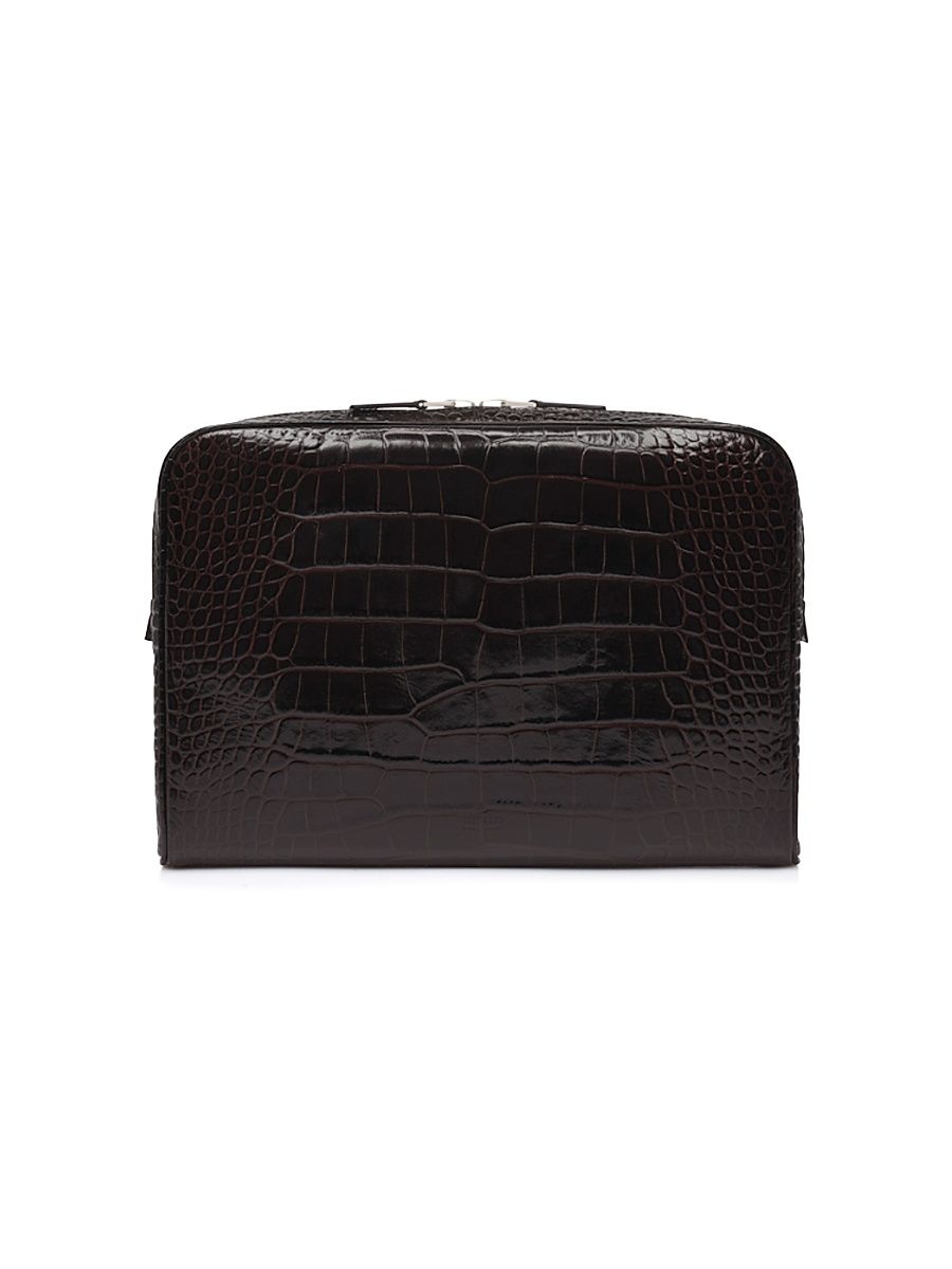 Men's Minimal Line Shiny Croc-Embossed Leather Laptop Pouch - Dark Brown