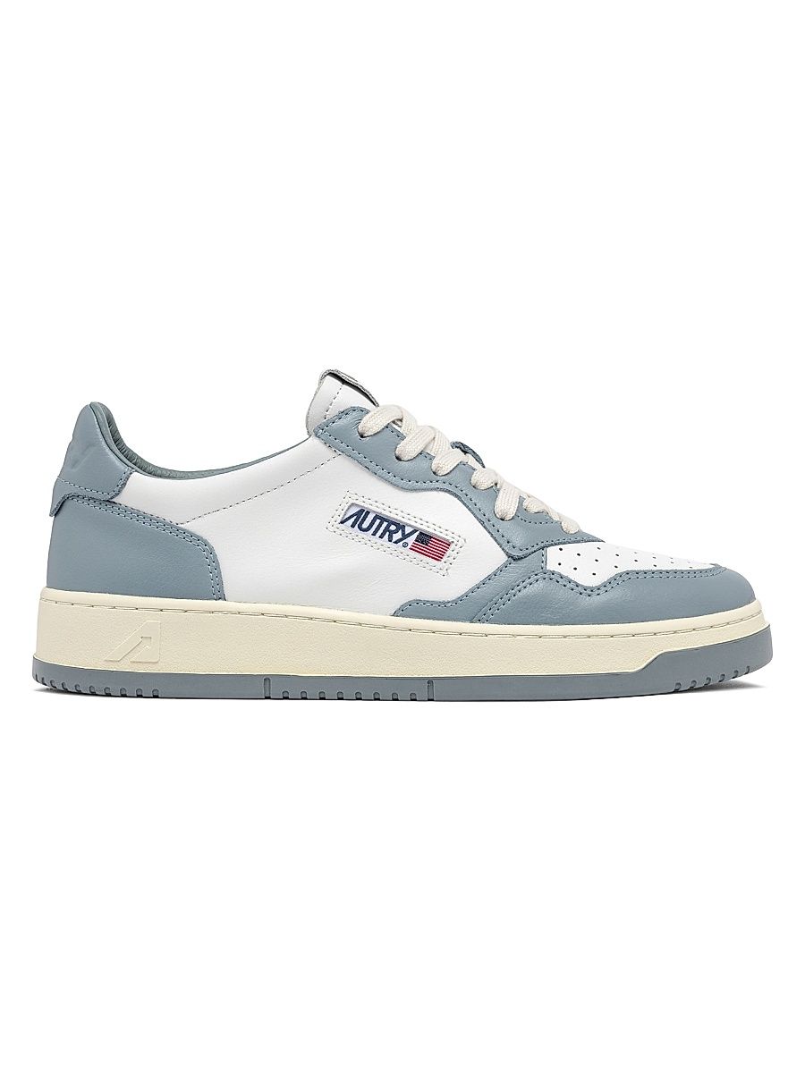 Women's Medalist Leather Low-Top Sneakers - White Silver Blue Ivory - Size 10