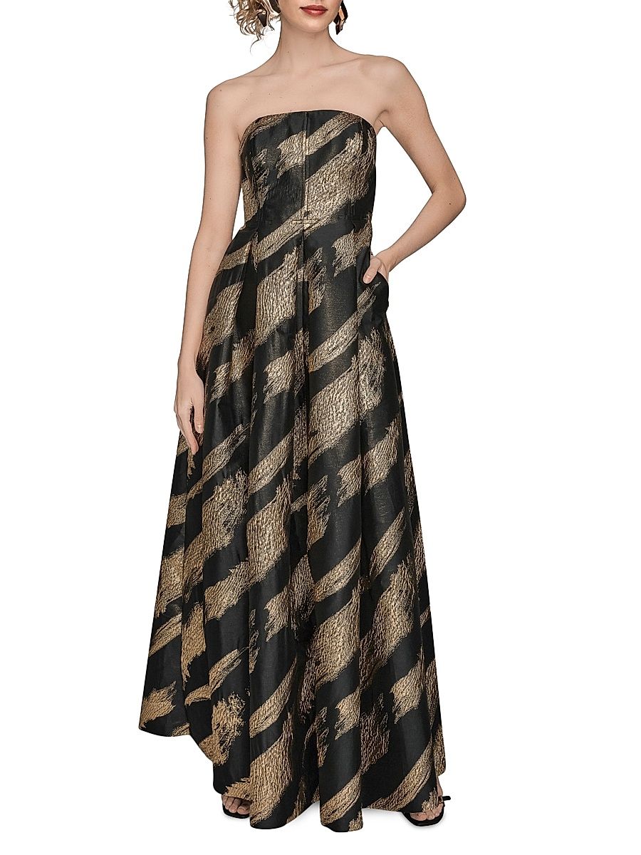 Women's Abstract Metallic Brocade Strapless Gown - Black Gold - Size 2
