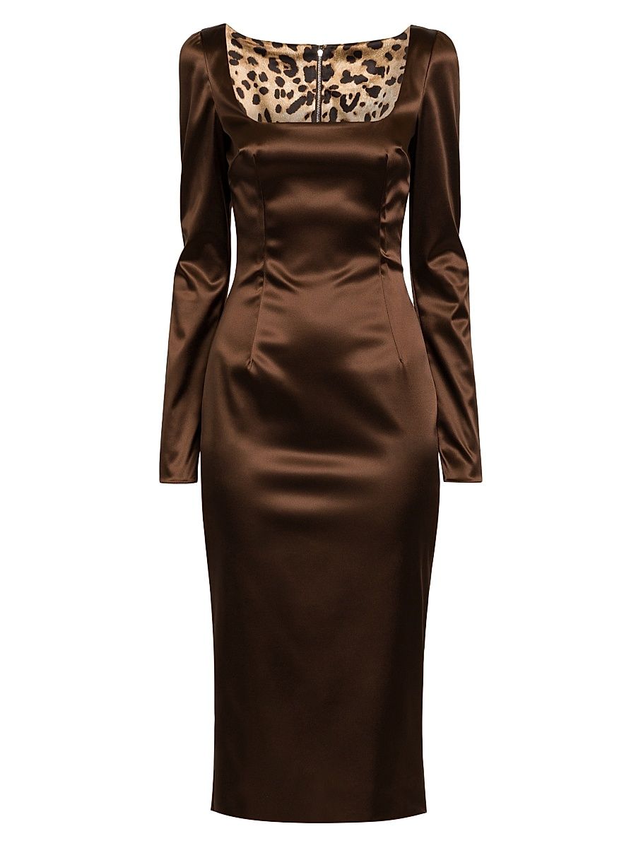 Women's Italian Tailoring Leopard-Lined Satin Midi-Dress - Marrones Curo - Size 12