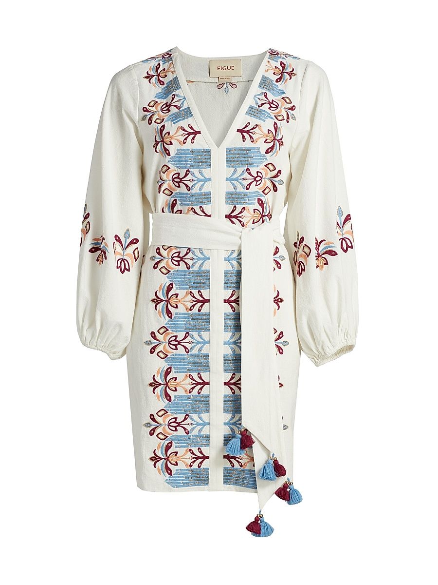 Women's Judith Embroidered Cotton Self-Belt Minidress - Chalk - Size XL