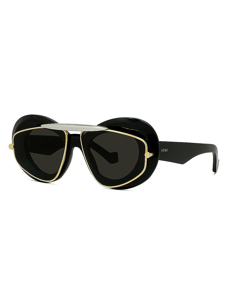 Men's Double Frame 47MM Geometric Sunglasses - Shiny Black Smoke