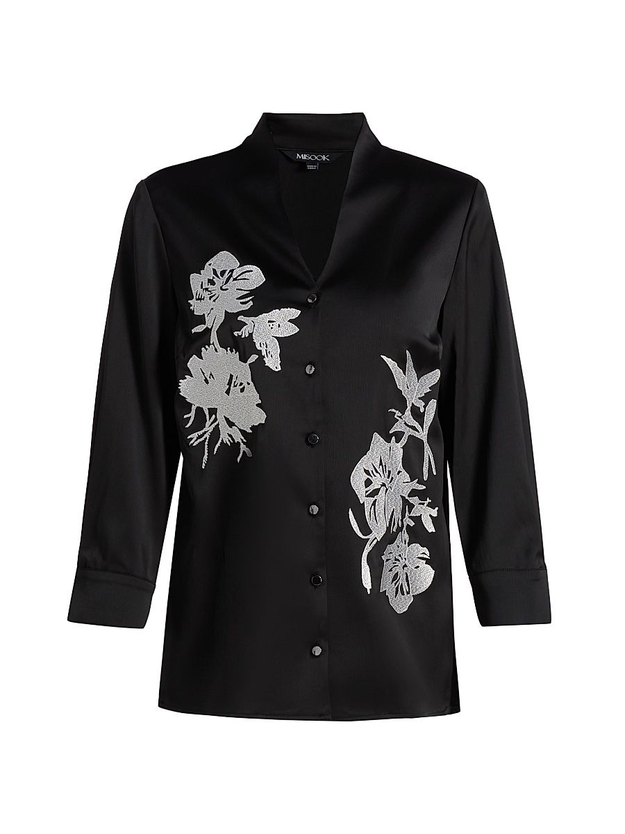Women's Floral-Embroidered Crepe De Chine Blouse - Black New Ivory - Size XXL