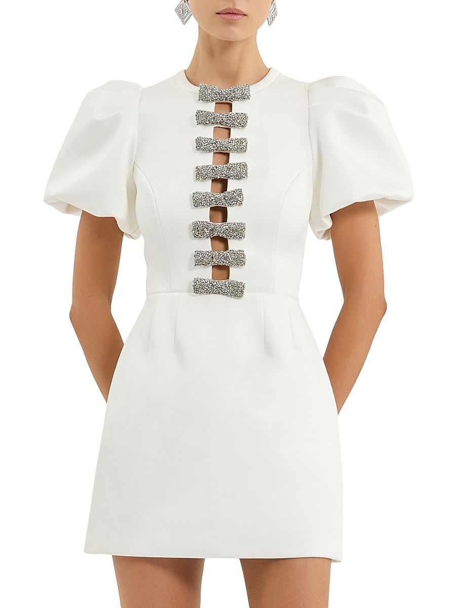 Women's Blaise Embellished-Bow Puff-Sleeve Minidress - Ivory - Size 0