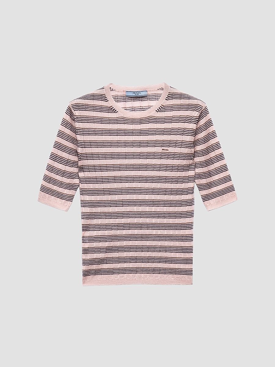 Women's Short-Sleeved Striped Cashmere and Silk Sweater - Pink - Size 2