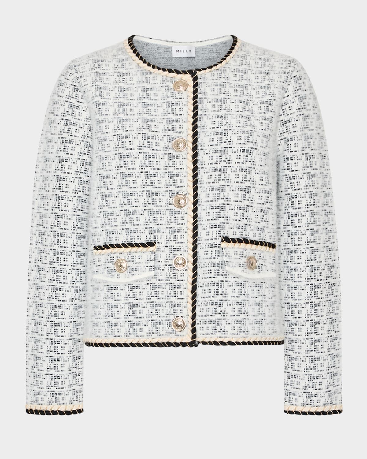 Braided-Trim Crewneck Knit Cardigan