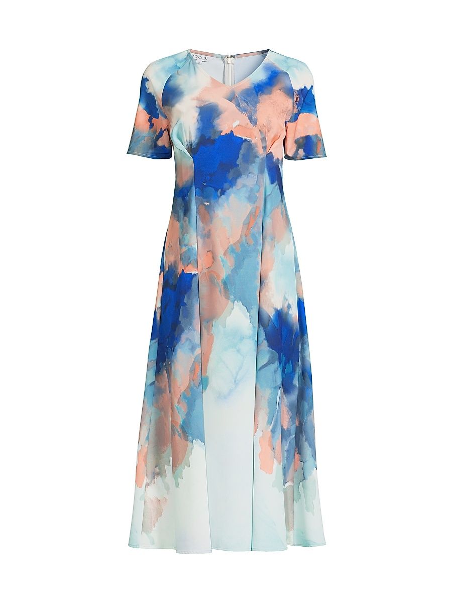 Women's Modern Fit Watercolor-Print Midi-Dress - Aegean Blue - Size Large