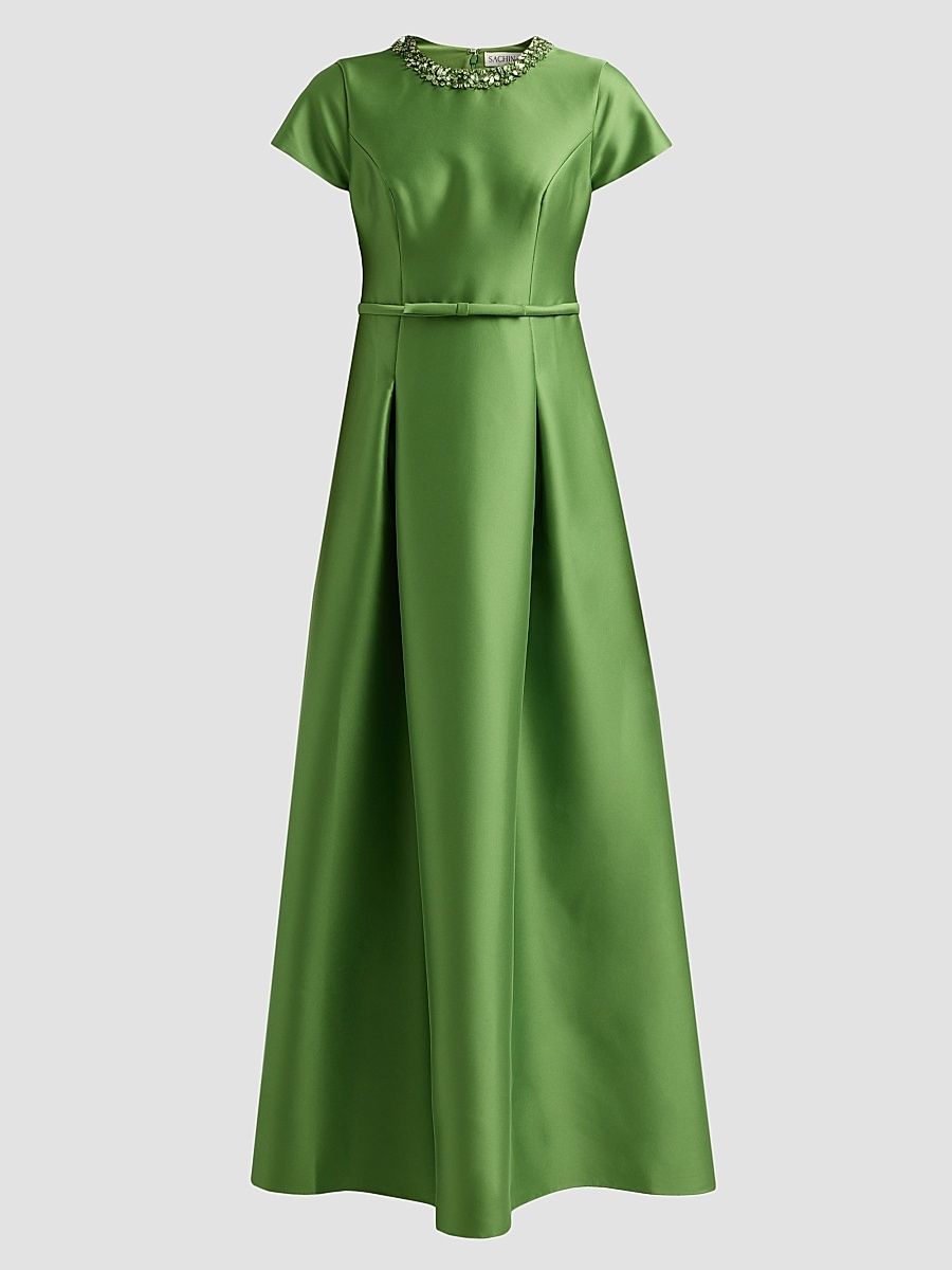 Women's Blythe Embellished Neck A-Line Gown - Green Garnet - Size 0