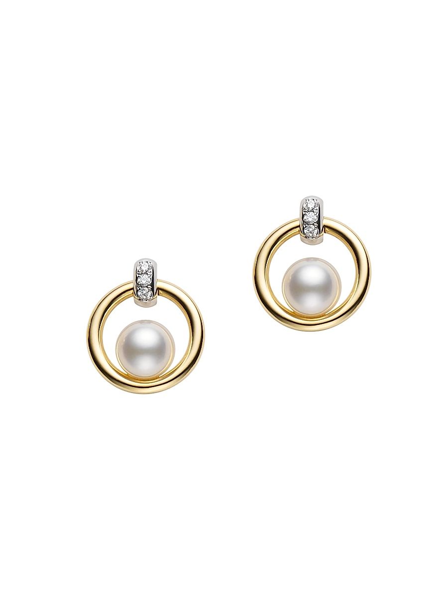Women's Circle Two-Tone 18K Gold, Diamond & Floating 5.5MM Cultured Akoya Pearl Drop-Hoop Earrings - Yellow White Gold