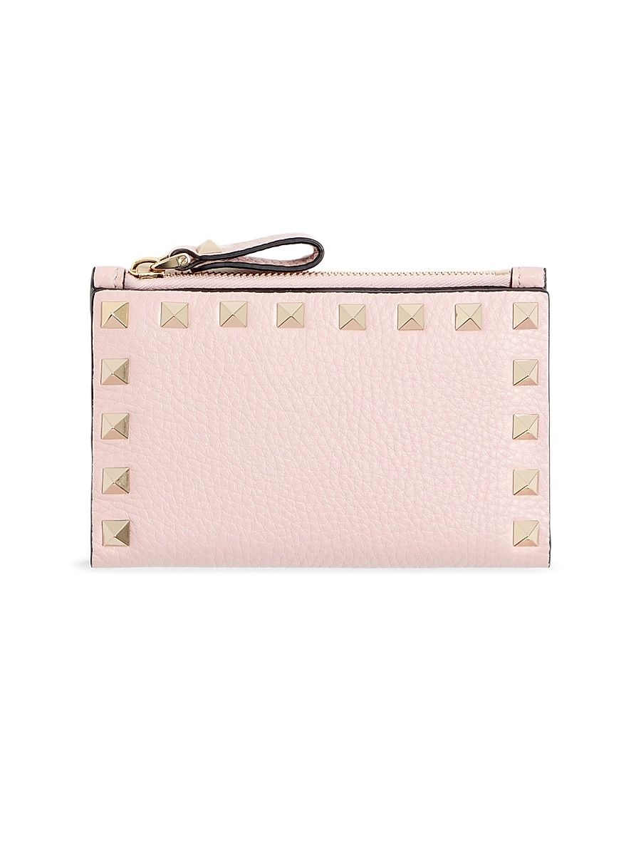 Women's Rockstud Grainy Calfskin Card Holder with Zipper - Pink