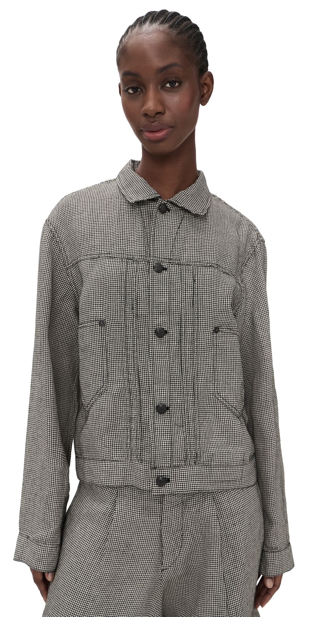 R13 Relaxed Pleated Trucker Jacket Black And White Houndstooth M