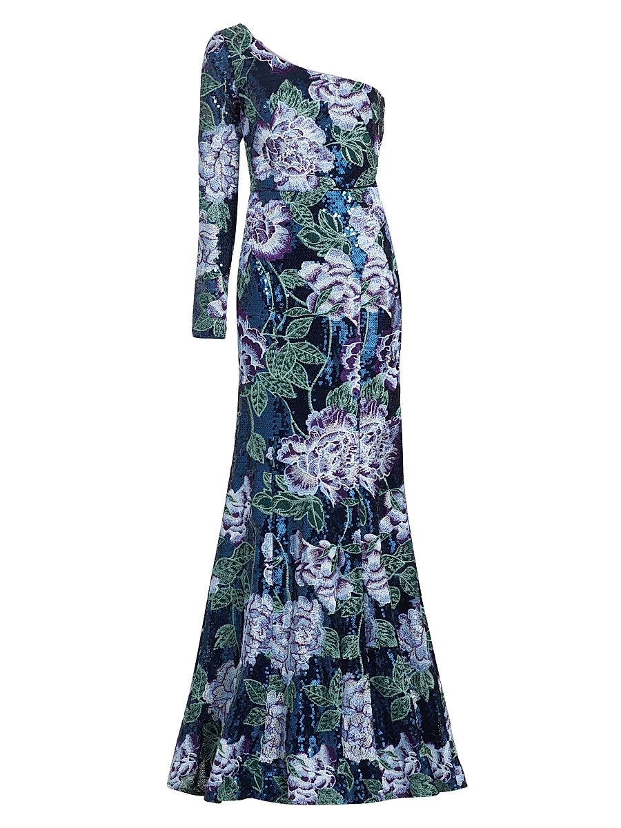 Women's Floral-Embroidered One-Shoulder Gown - Navy - Size 0