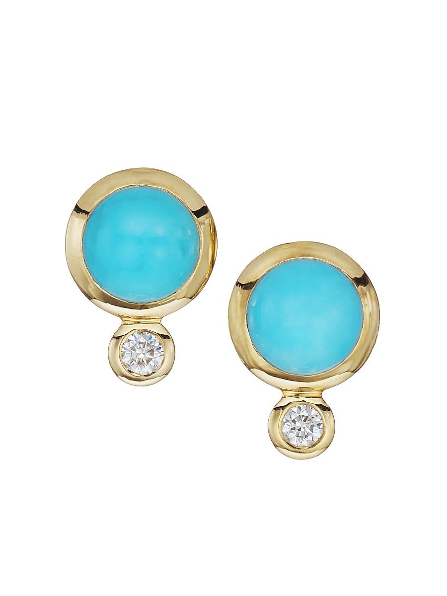 Women's Classis Bouton 18K Yellow Gold, Turquoise & Diamond Stud Earrings - Yellow Gold