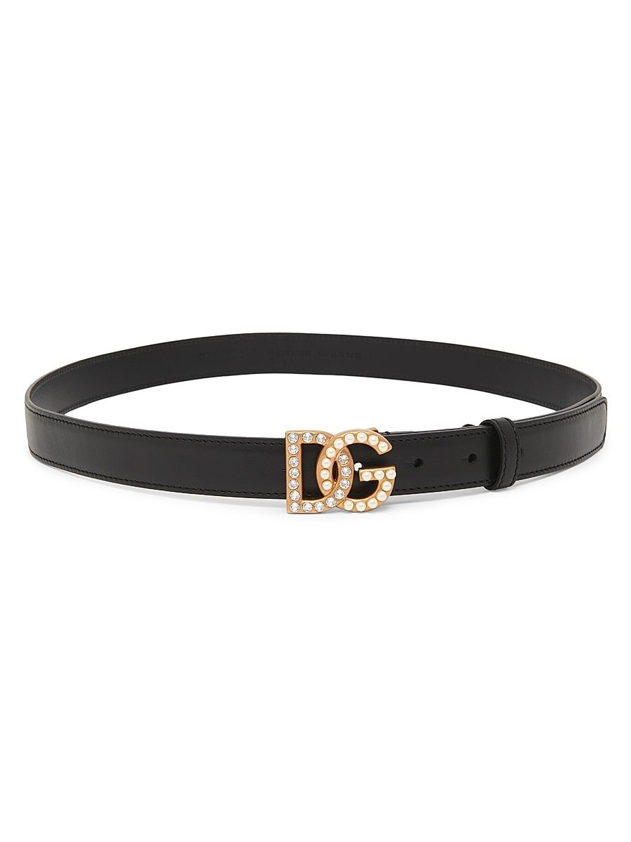 Women's Leather Logo Buckle Belt - Black - Size Medium