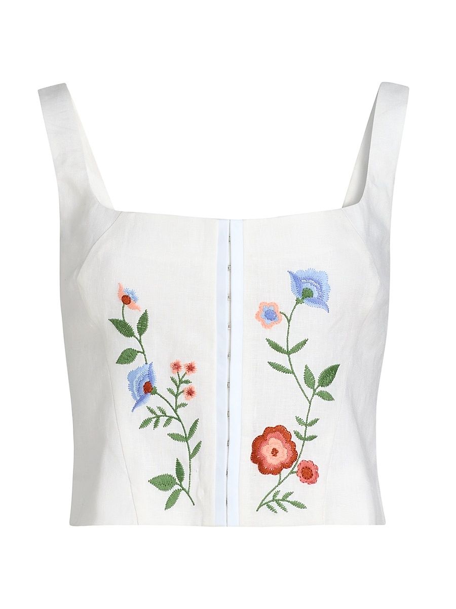 Women's Juliet Floral Embroidered Linen Top - White - Size 12