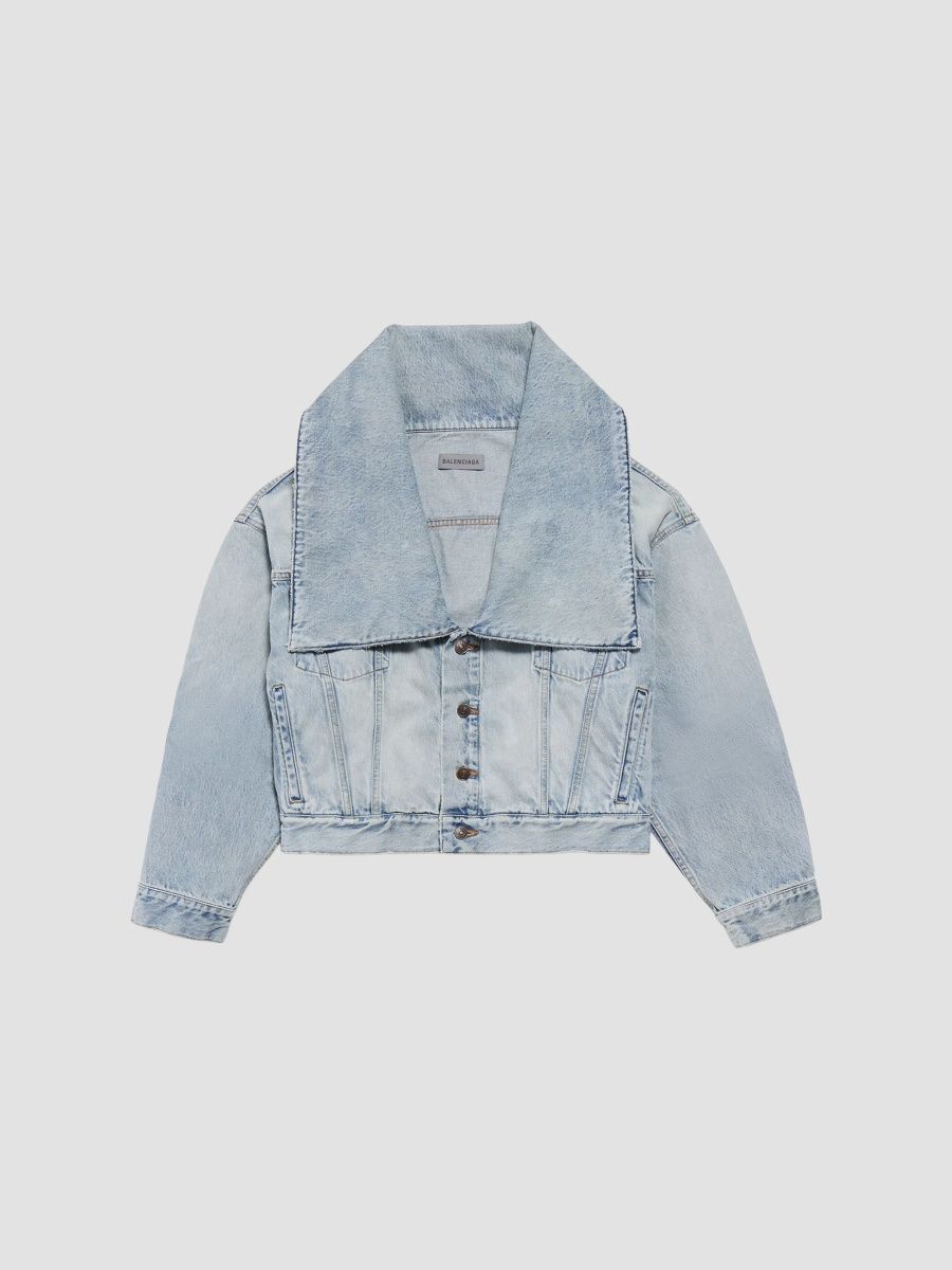 Balenciaga Women's Standing Collar Boxy Jacket - Bleach Light Blue - Size 8