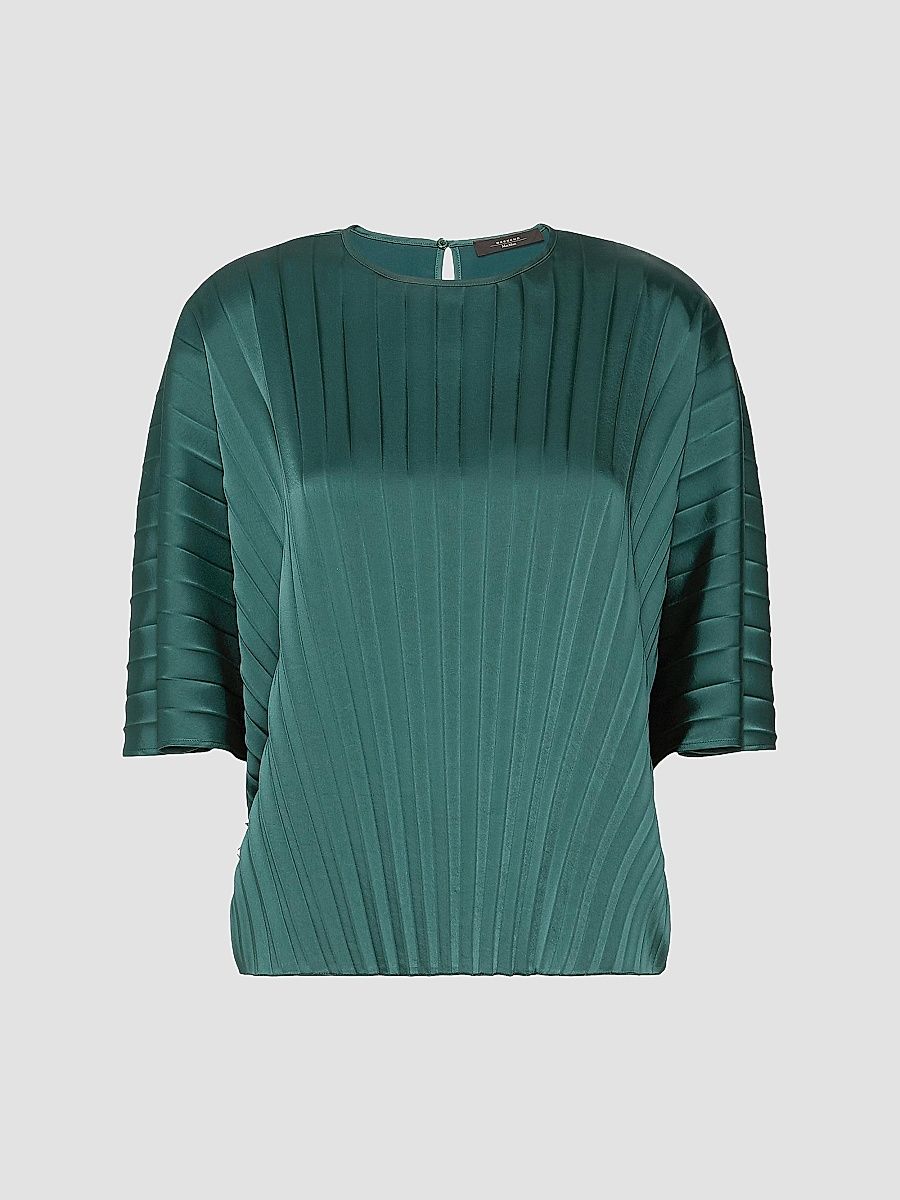 Women's Loose Blouse in Pleated Satin - Dark Green - Size 14