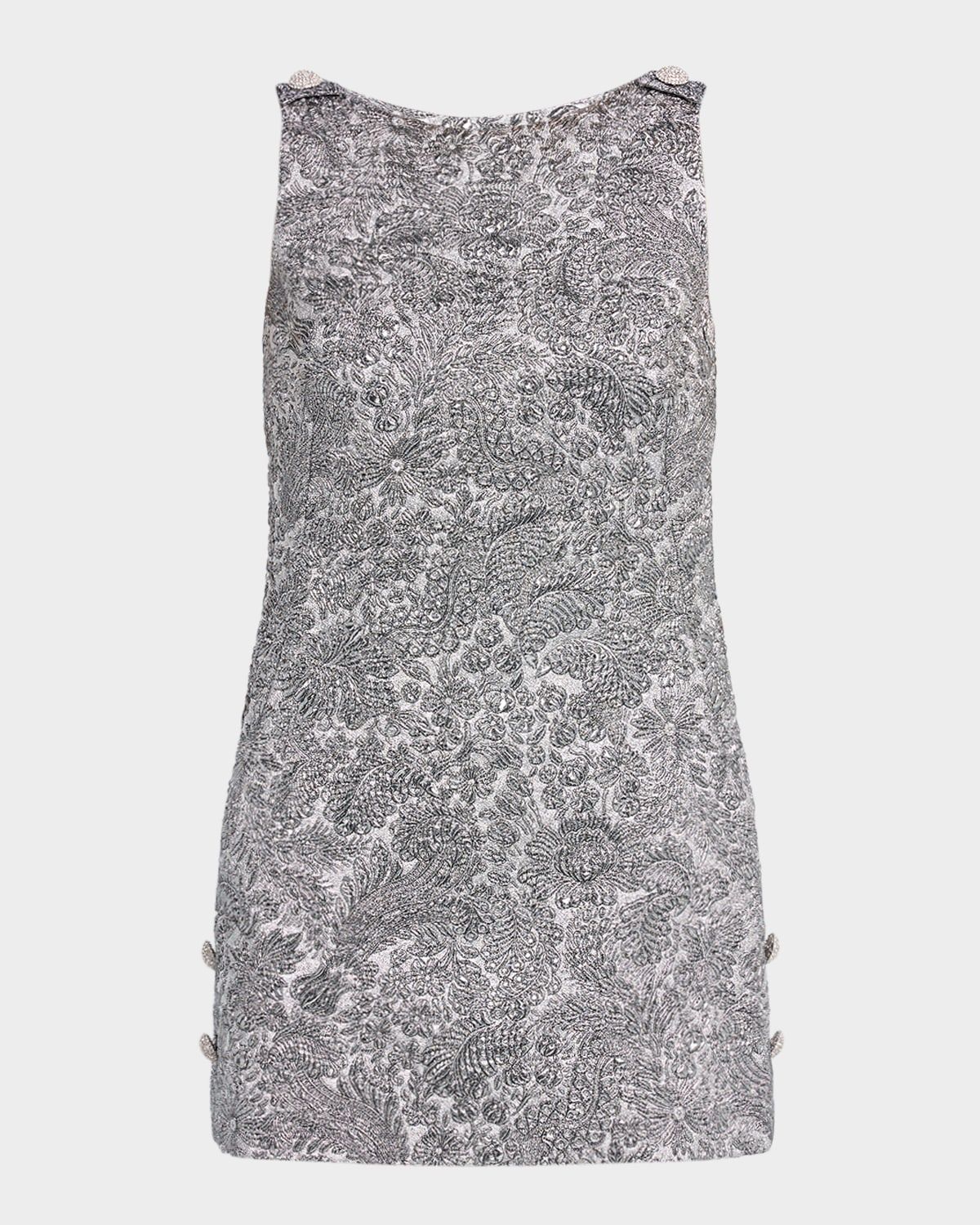 Metallic Brocade Sleeveless Buttoned Mini Dress