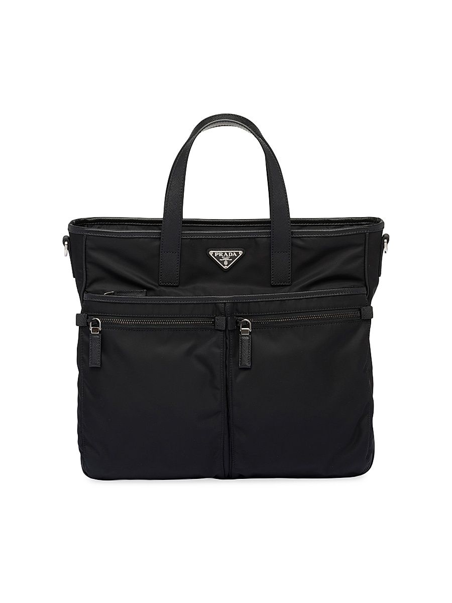 Men's Re-Nylon and Saffiano Leather Tote Bag - Black