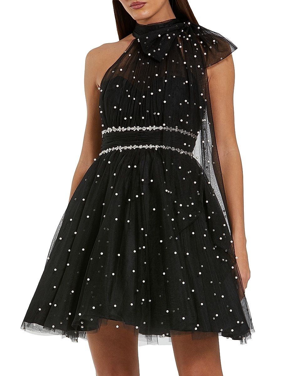 Women's Embellished Tulle Mini Cocktail Dress - Black Ivory - Size 12
