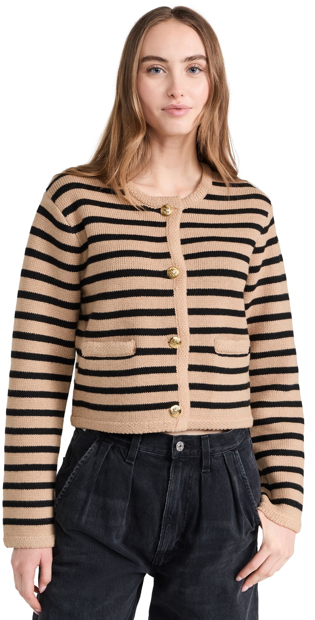 English Factory Knit Striped Sweater Cardigan Tan/Black XS