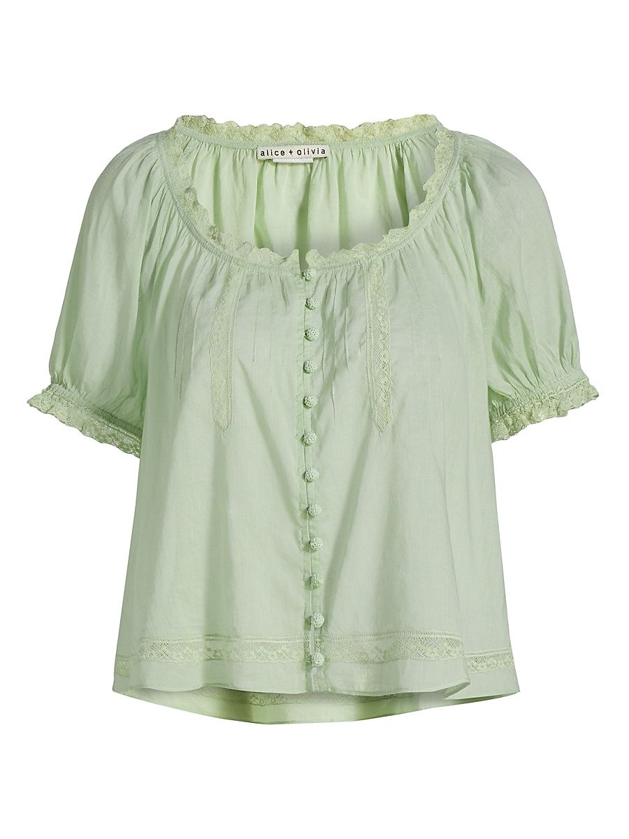 Women's Odette Pintuck Cotton Blouse - Green Tea - Size XL