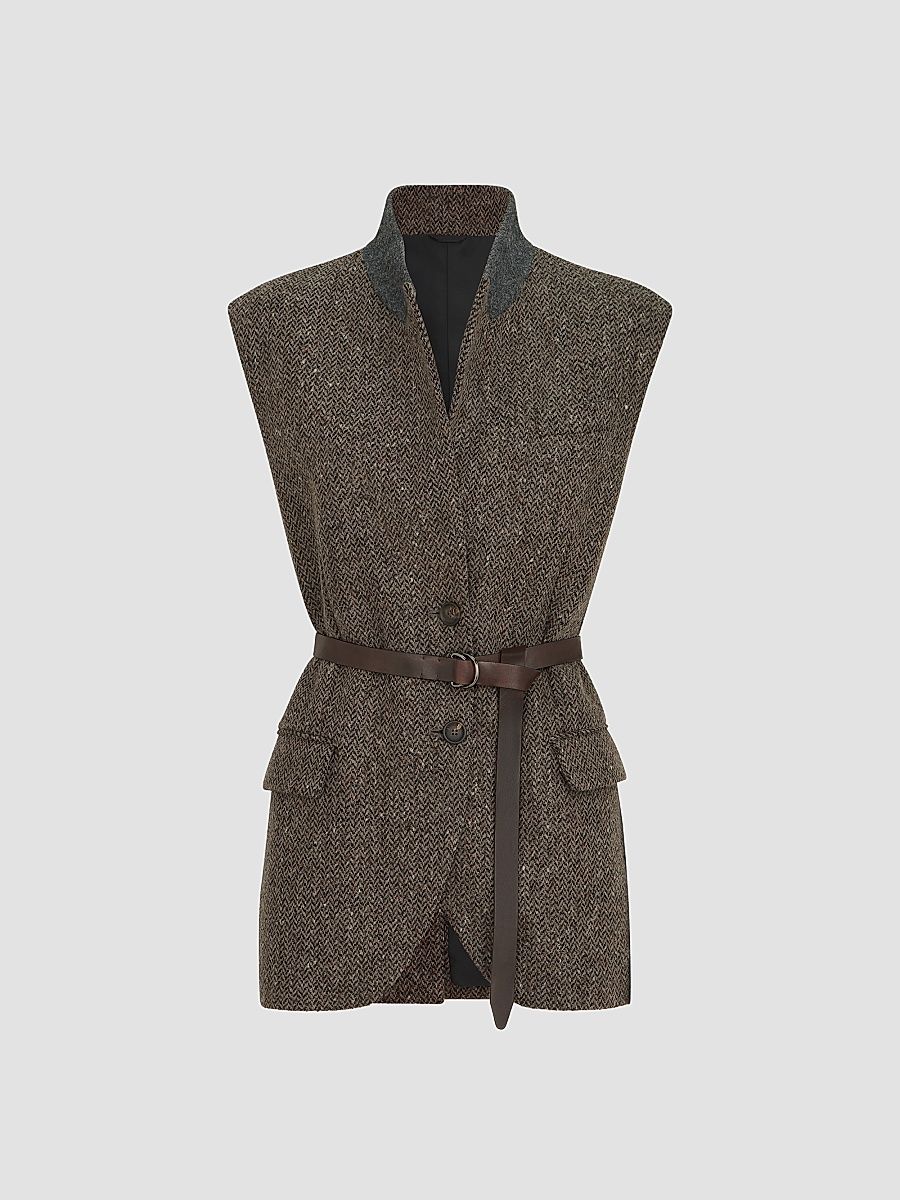 Women's Sparkling Virgin Wool Chevron Vest with Leather Belt and Monili - Pine Cone Brown - Size 4