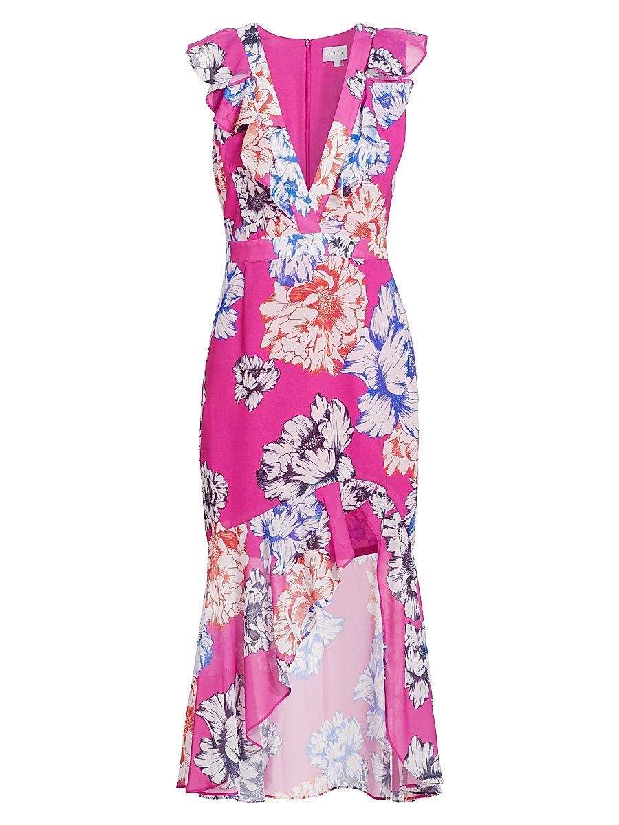 Women's Nanci Petals In Bloom Ruffled Midi-Dress - Pink Multi - Size 12