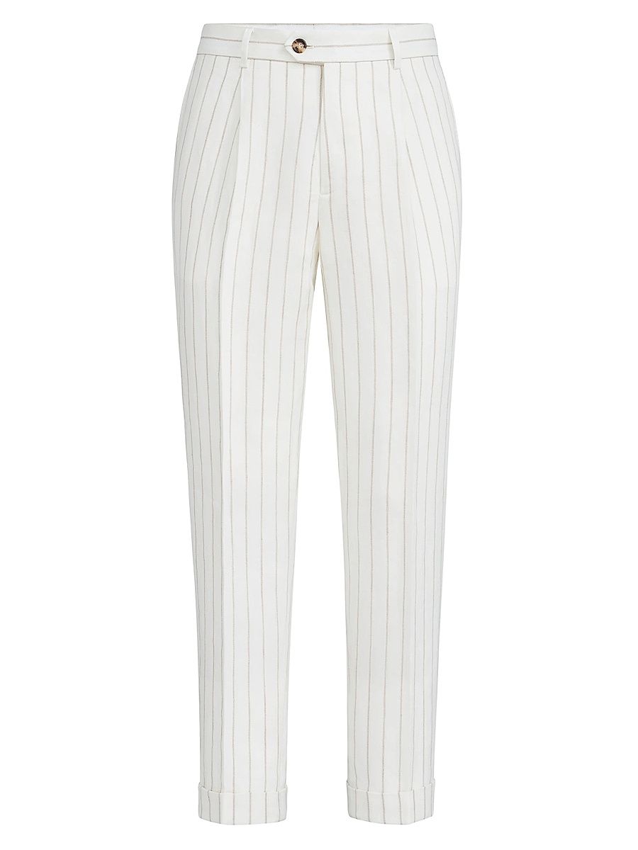 Men's Chalk Stripe Linen Twill Trousers with Pleats - Yuta - Size 48