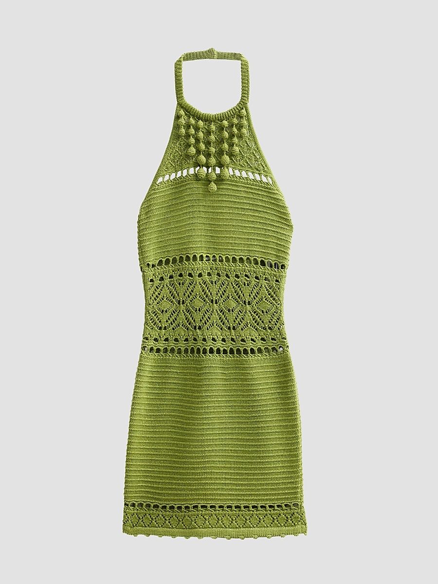 Women's Roseline Metallic Crochet Halter Dress - Metallic Kiwi - Size Large