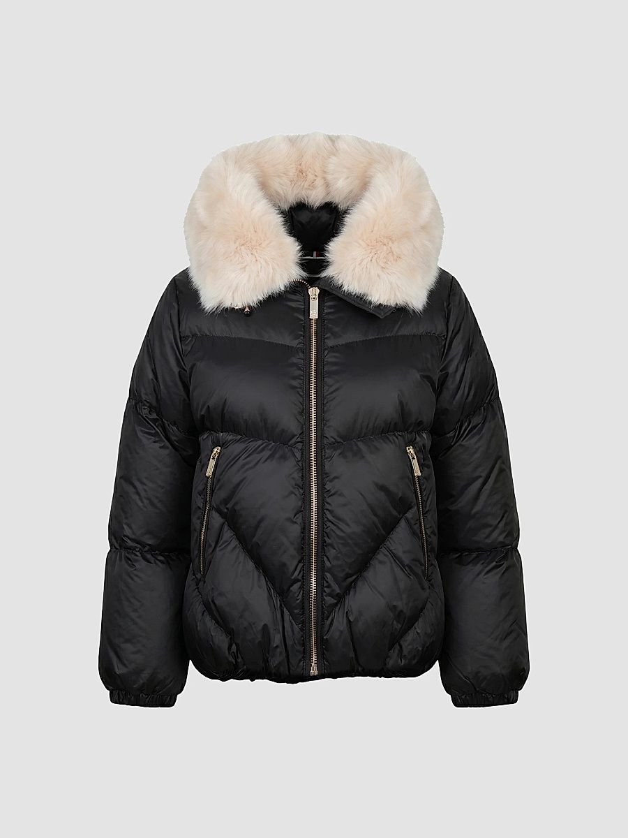 Gorski Women's Apres-Ski Parka with Horizontal Sleeves and Detachable Lamb Hood Trim - Black Iceberg - Size XL