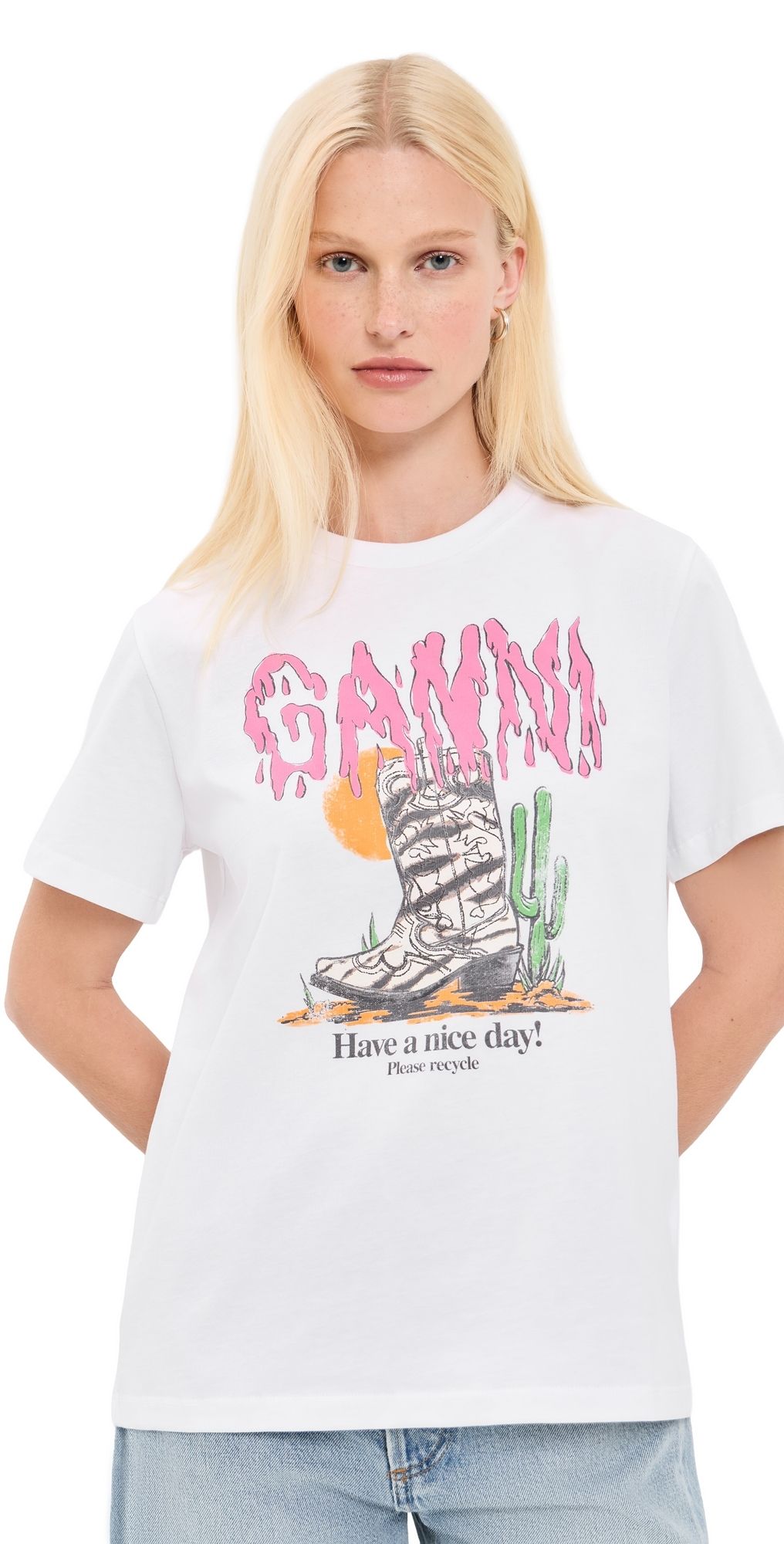 GANNI Cotton Western Zebra Boot Tee Bright White XL