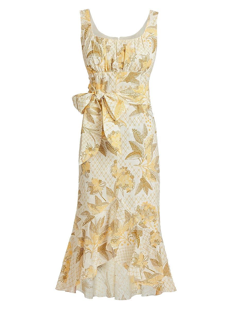 Women's Ruffled Floral Cotton Midi-Dress - Chamomile - Size 12