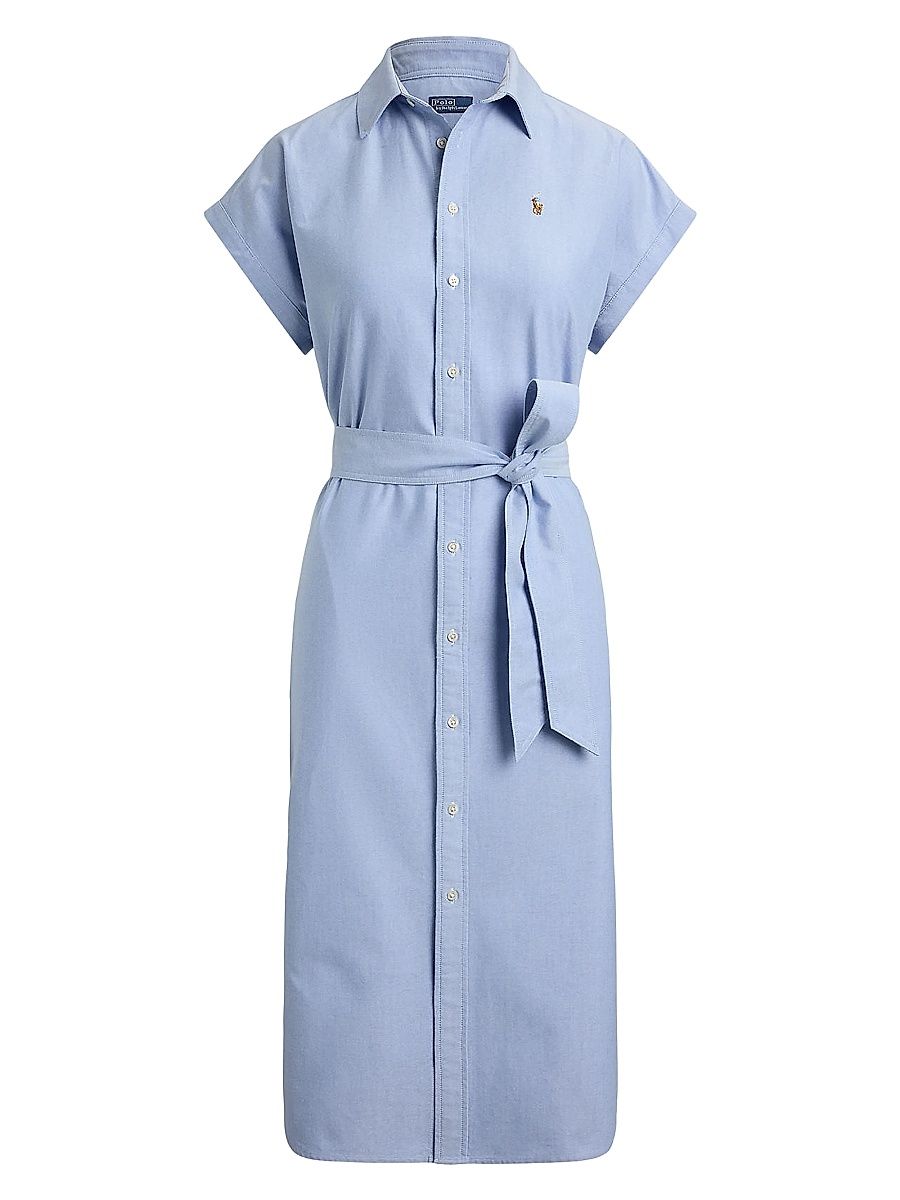 Women's Tie-Waist Cotton Oxford Shirtdress - Blue - Size 8