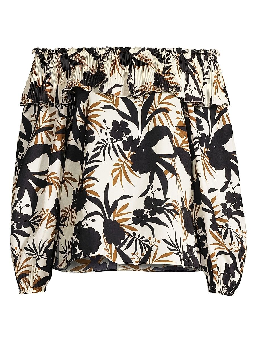 Women's Selena Floral Hammered Satin Blouse - Pearl Multi - Size Medium