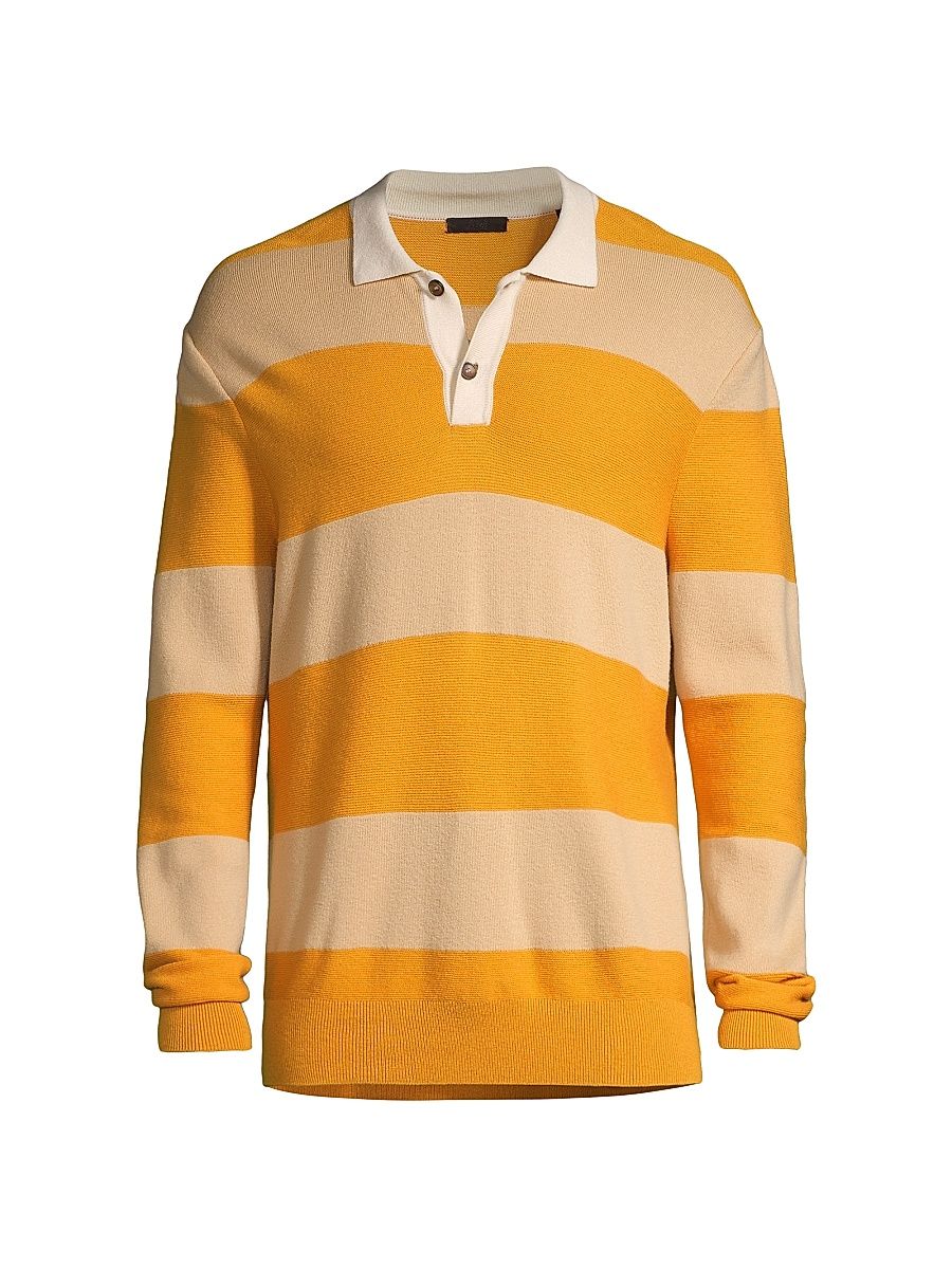 Men's Wool-Cotton Blend Striped Polo Shirt - Camel Combo - Size Small