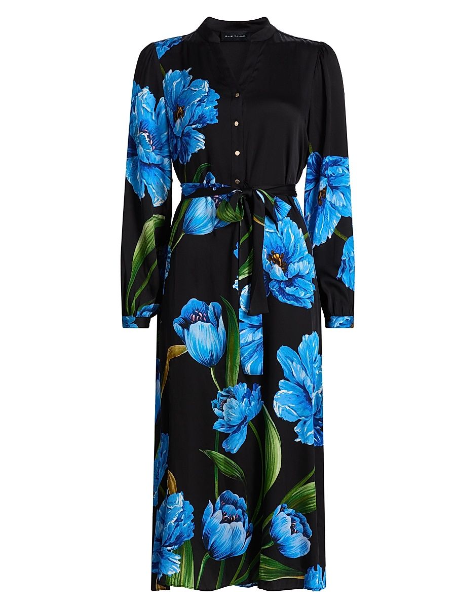 Women's The Mila Floral Silk-Blend Midi-Dress - Noir And Blue - Size Medium