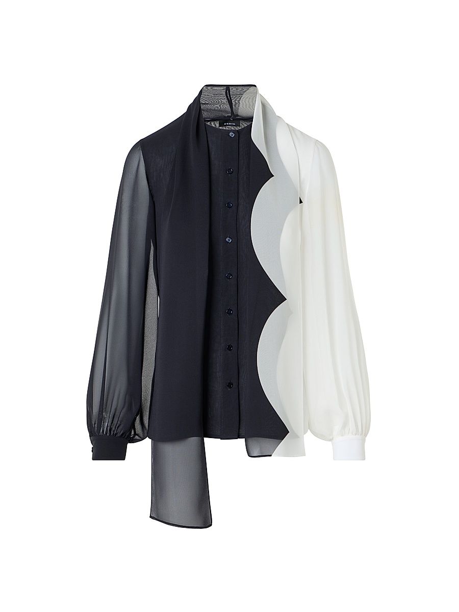 Women's Tieneck Colorblocked Silk Blouse - Black Ecru - Size 16