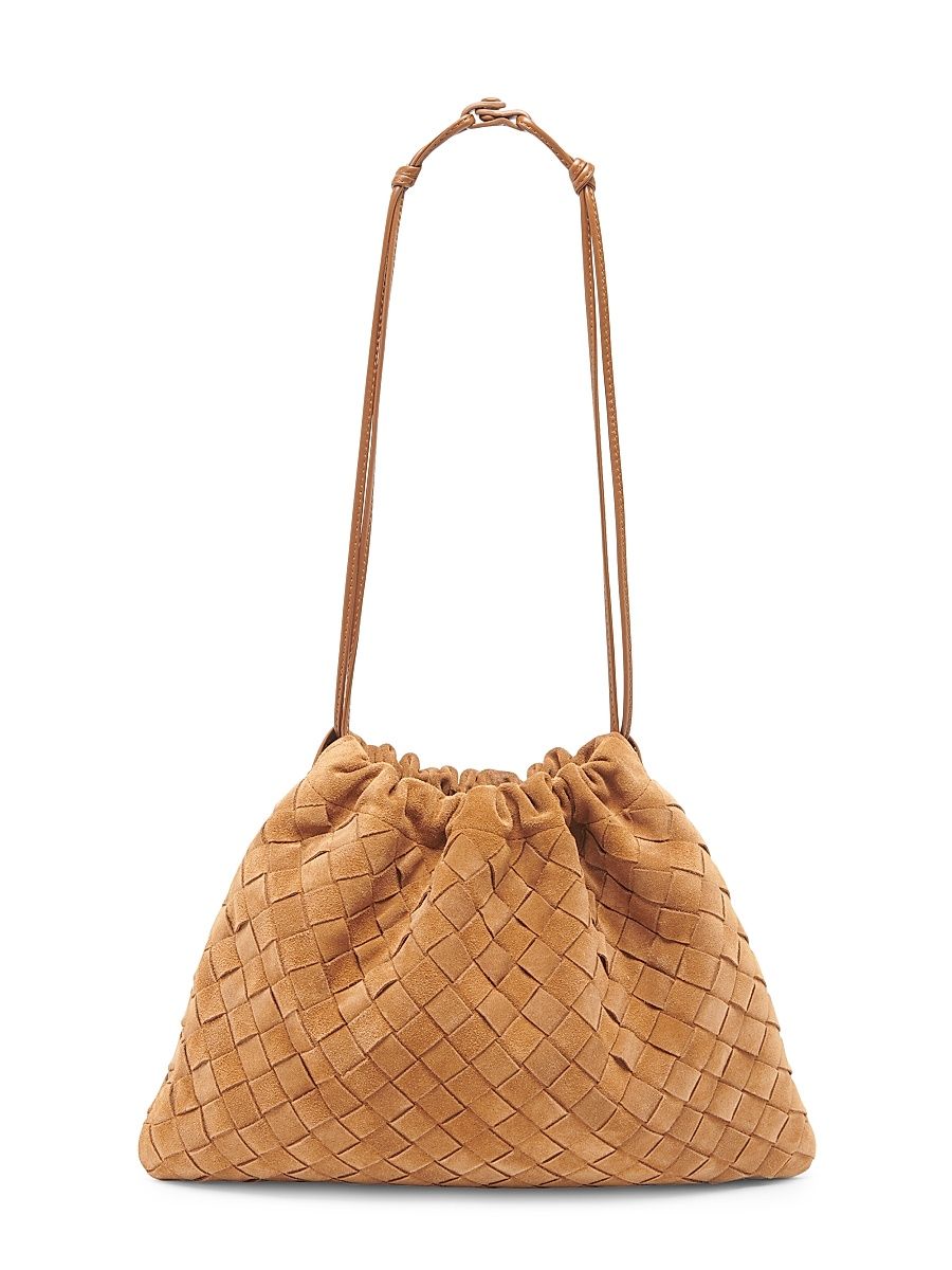 Women's Medium Dustbag Intrecciato Suede Shoulder Bag - Amber Gold