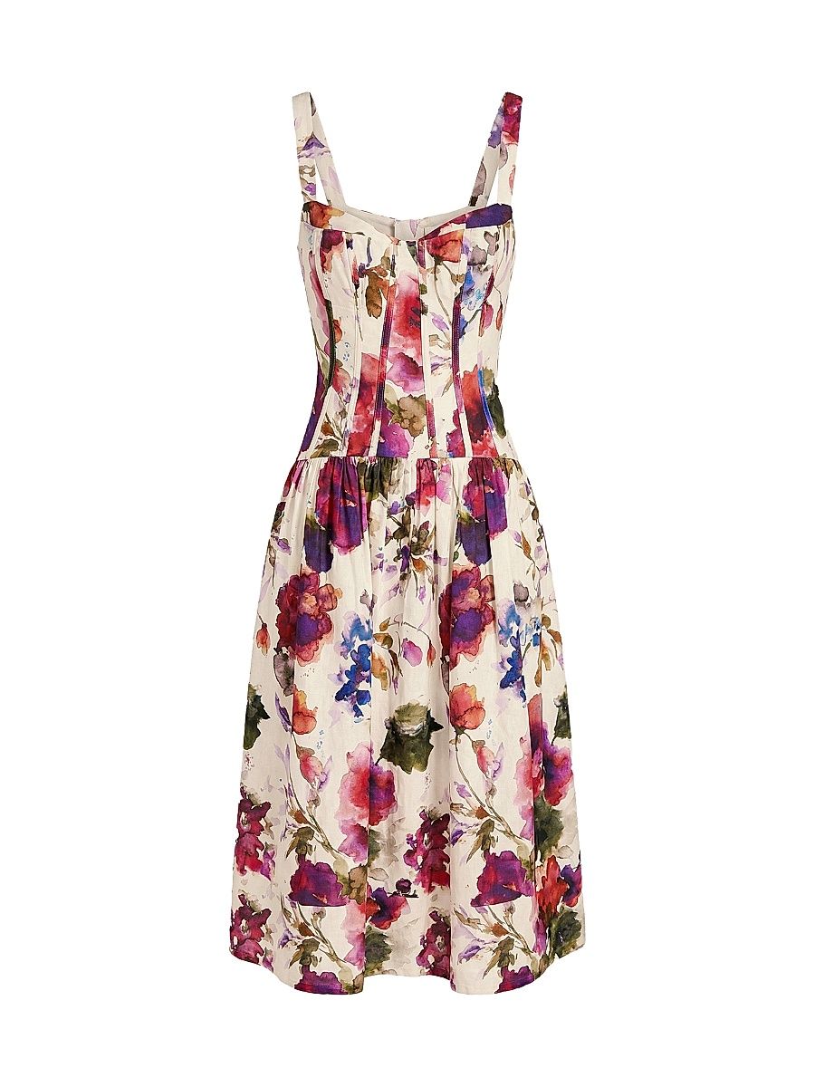Women's Makenna Floral Linen-Blend Midi-Dress - Watercolor Floral - Size 8