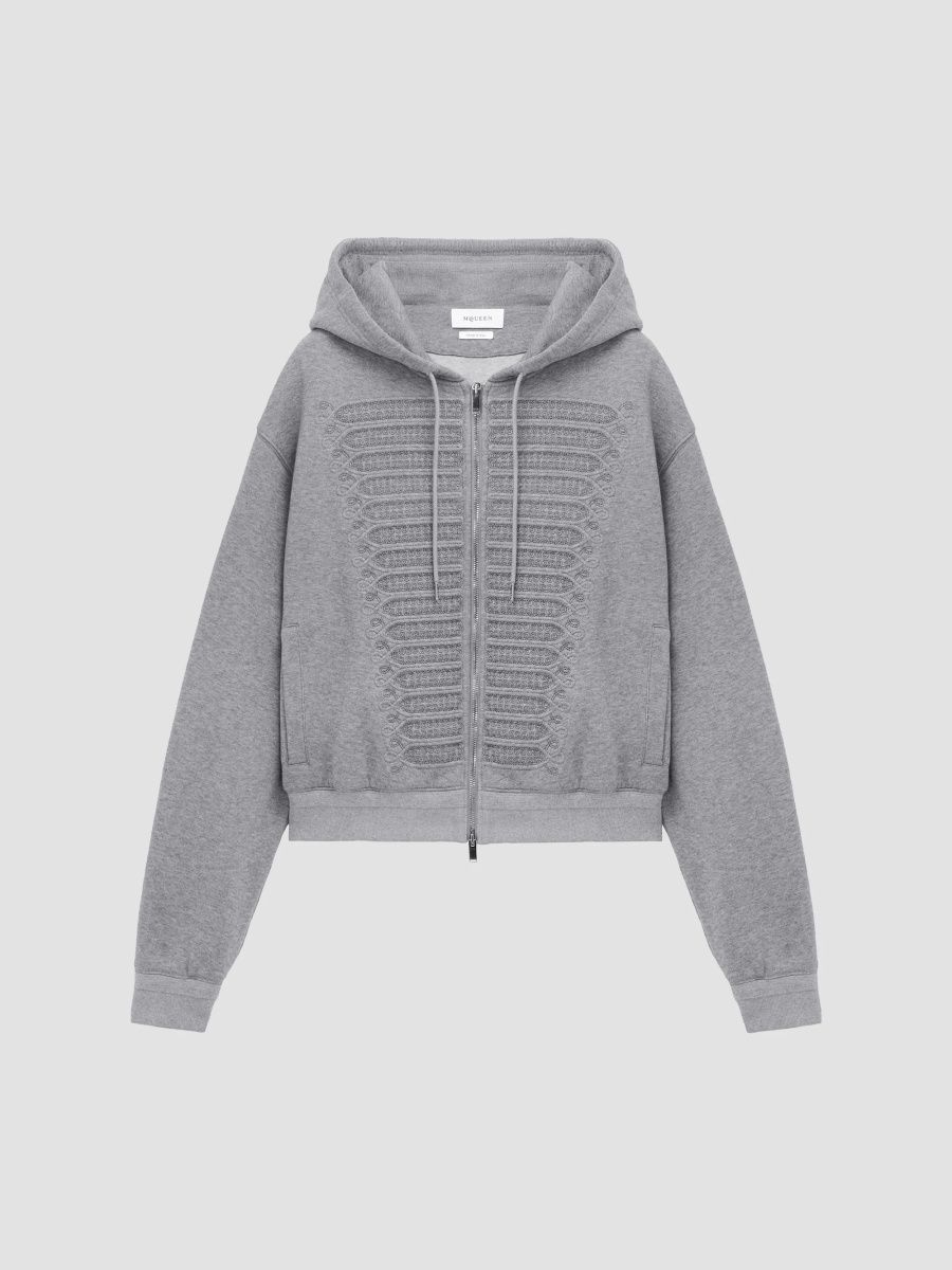 McQueen Men's Ceremonial Embroidered Cotton Zip-Up Hoodie - Graphite - Size Small