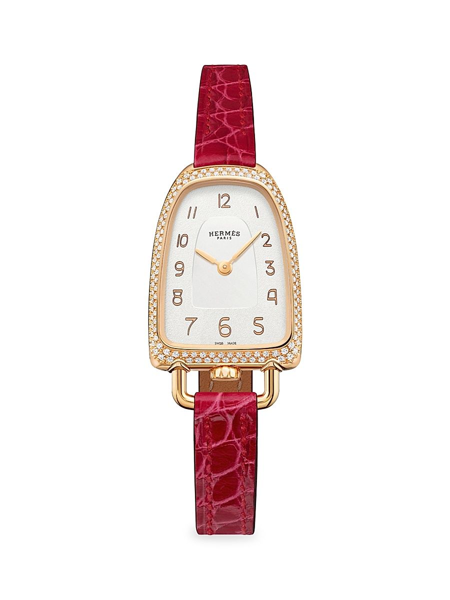 Women's Galop D'Hermès 18K Rose Gold, 0.37 TCW Diamond & Alligator Leather Strap Watch/20MM x 27.2MM - Red