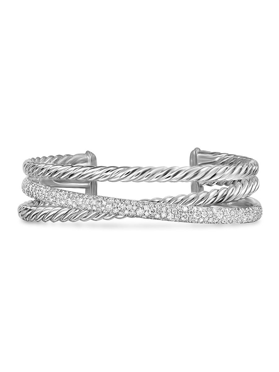 Women's Pavé Crossover Three Row Cuff Bracelet in Sterling Silver - Silver - Size Large