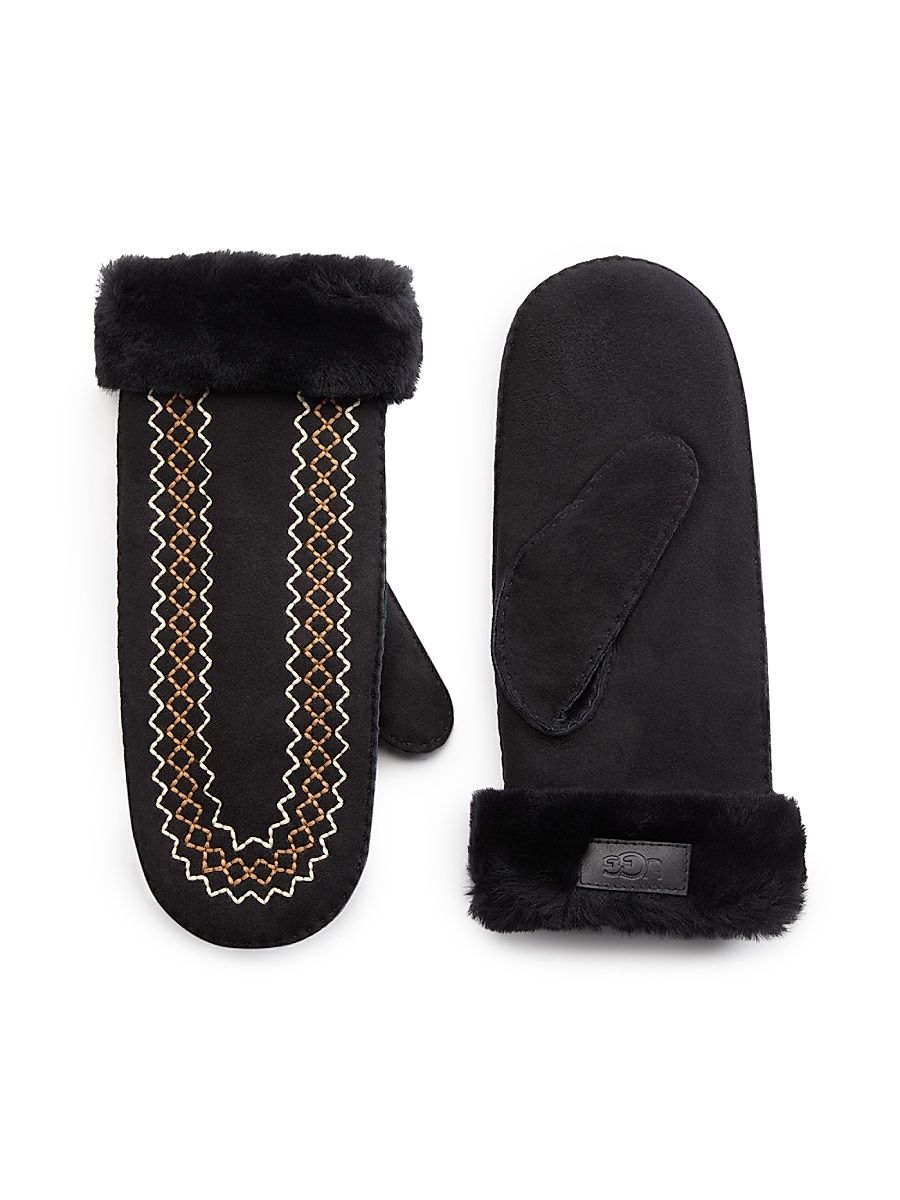 Women's Atherson Embroidered Sheepskin Mittens - Black - Size Small