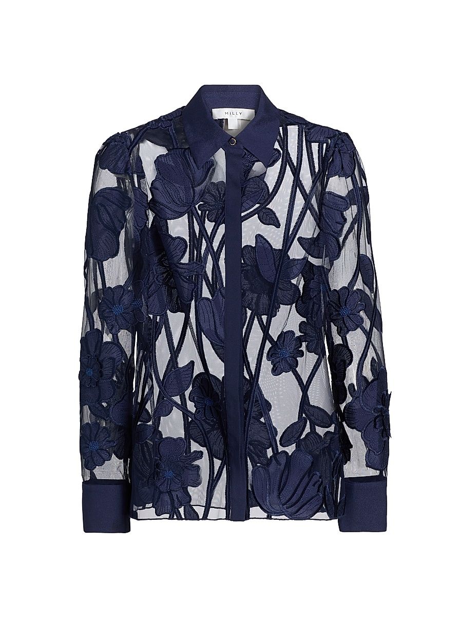 Women's Ashton Grand Fleur Embroidered Sheer Blouse - Navy - Size Large