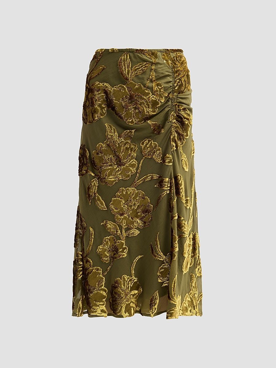 Johnny Was Women's Endora Metallic-Embroidered Ruched Silk Midi Skirt - Olive - Size 14